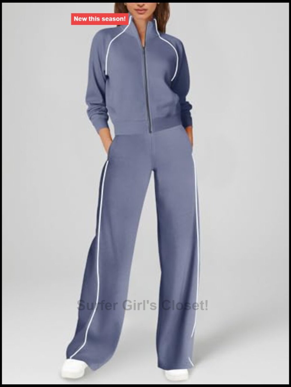 Women's Lounge Set 2 Piece Sweatsuit Zip Up Crop Top Wide Leg Pants - Picture 3 of 4